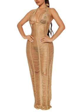 FASHION NOVA Summers With You Gold Crochet Halter Coverup Maxi Dress OS One Size